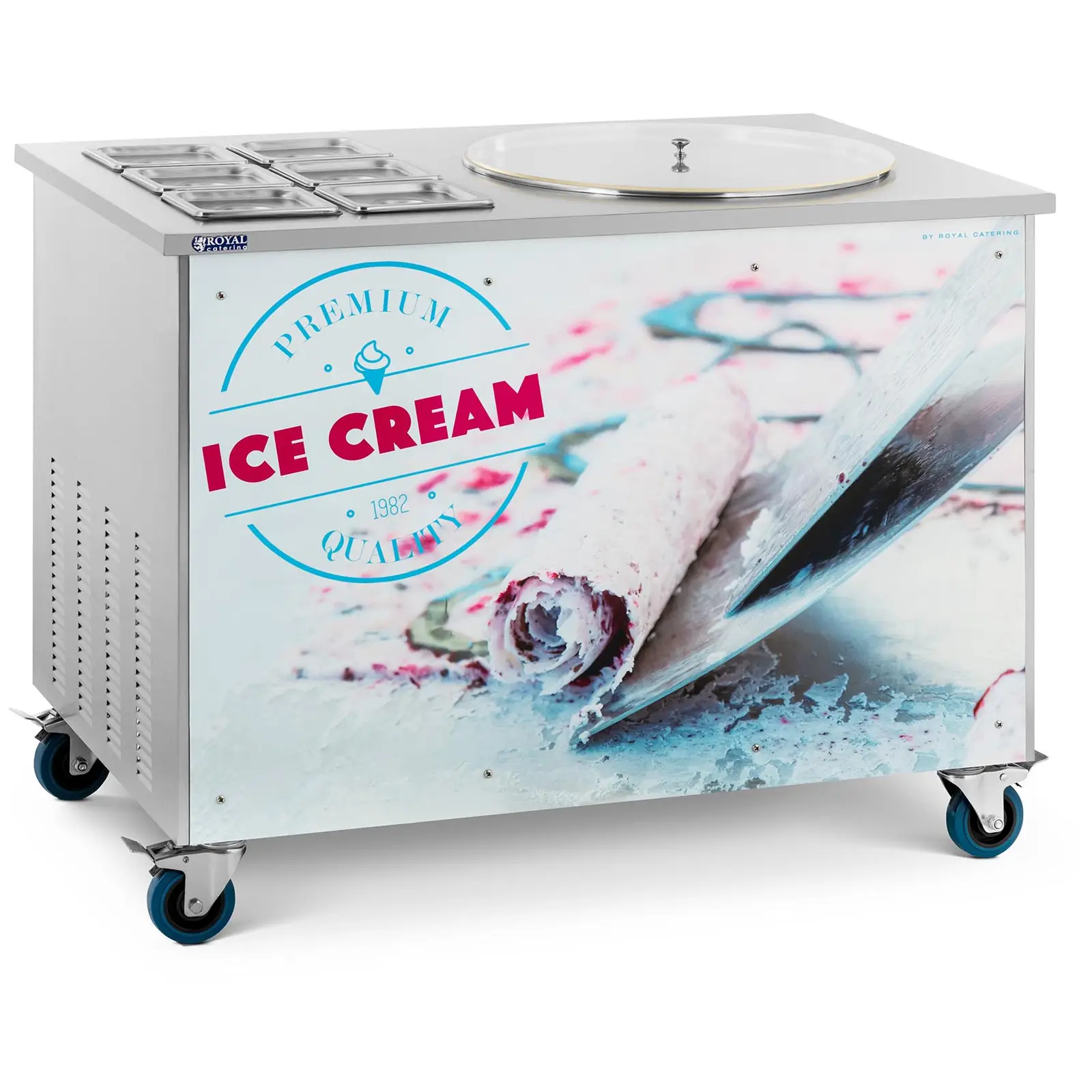 Stroj na rolovanou zmrzlinu - thajská zmrzlina - Ø 50 x 2,5 cm - 6 nádob s víky - Royal Catering