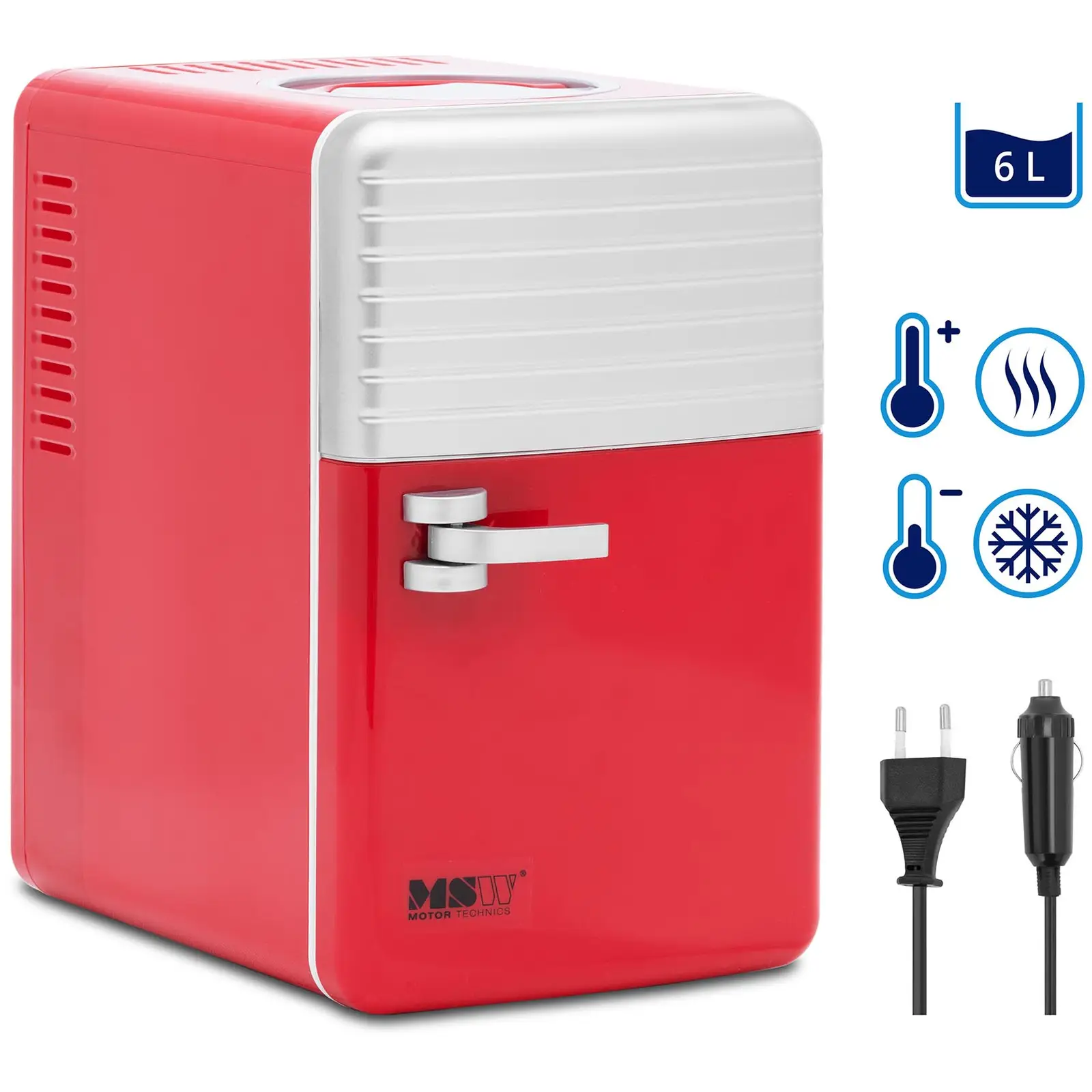 Mini chladnička 12 V / 230 V - zařízení 2 v 1 s funkcí ohřevu - 6 l - červená/stříbrná