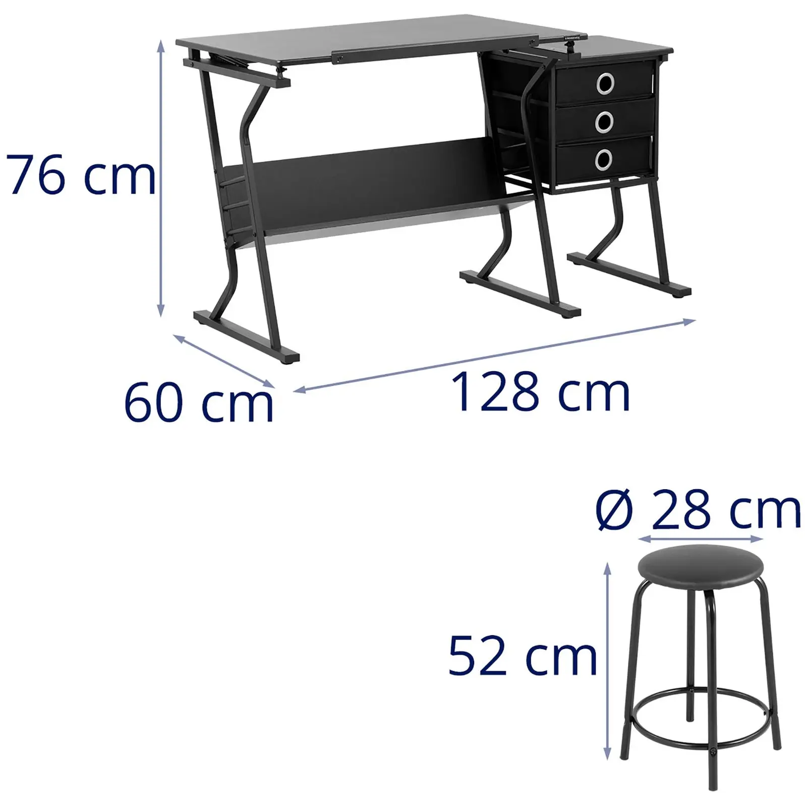 Kreslící stůl - 90 x 60 cm - naklápěcí - se stoličkou a odkládacím stolkem