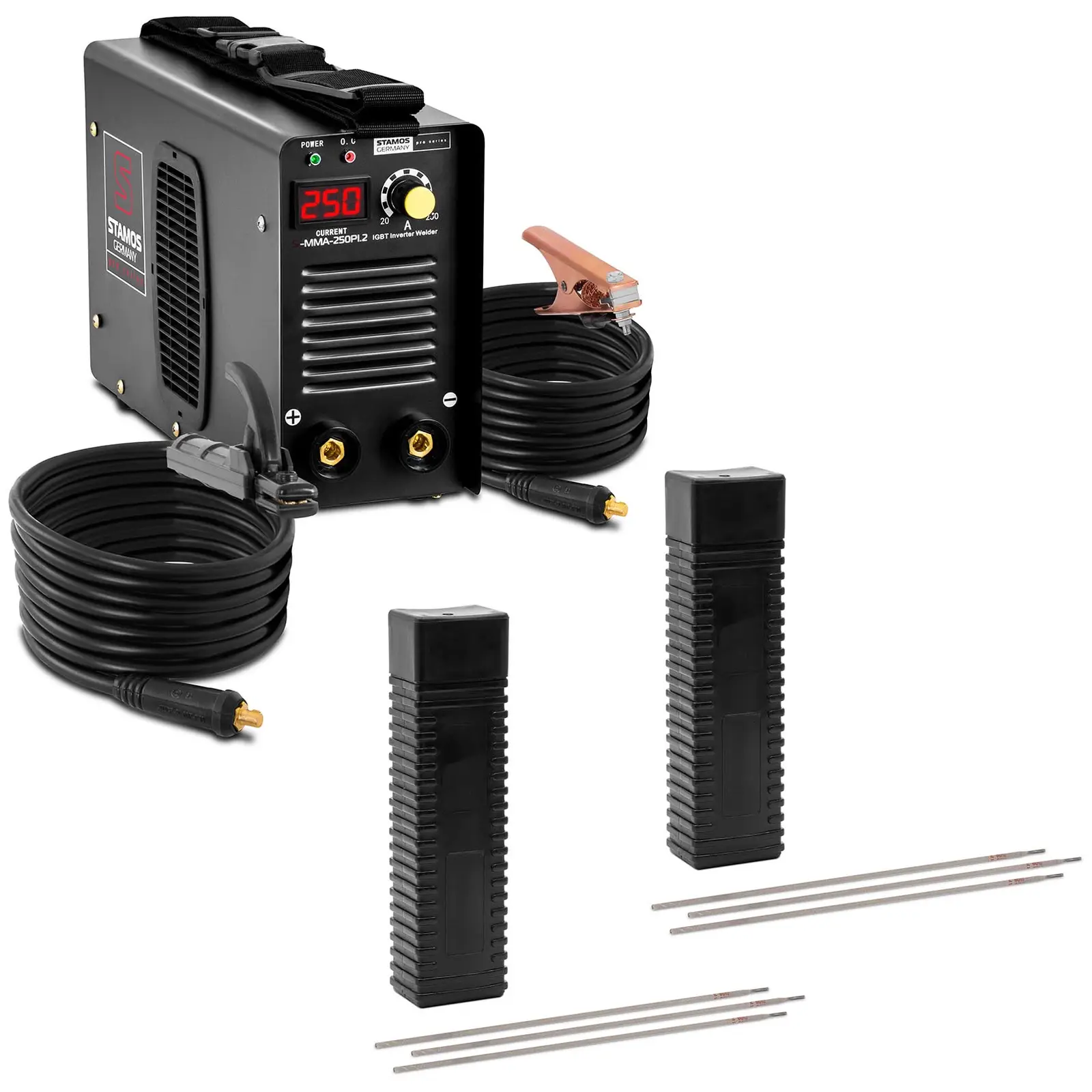 Svařovací souprava Svařovací elektrody - 250 A - 8 m kabel - 60 % pracovní cyklus - Elektrody E6013 - Rutilcelulóza - Ø 3,2 x 350 mm - 2 x 5 kg